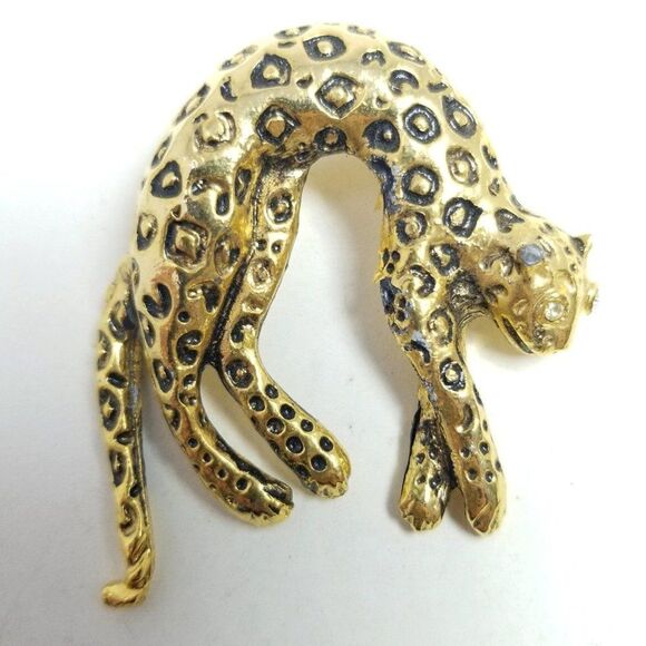 Vintage Leopold Brooch, Gold Tone Spotted Cheetah Cat Lapel Pin, Estate - Picture 1 of 6